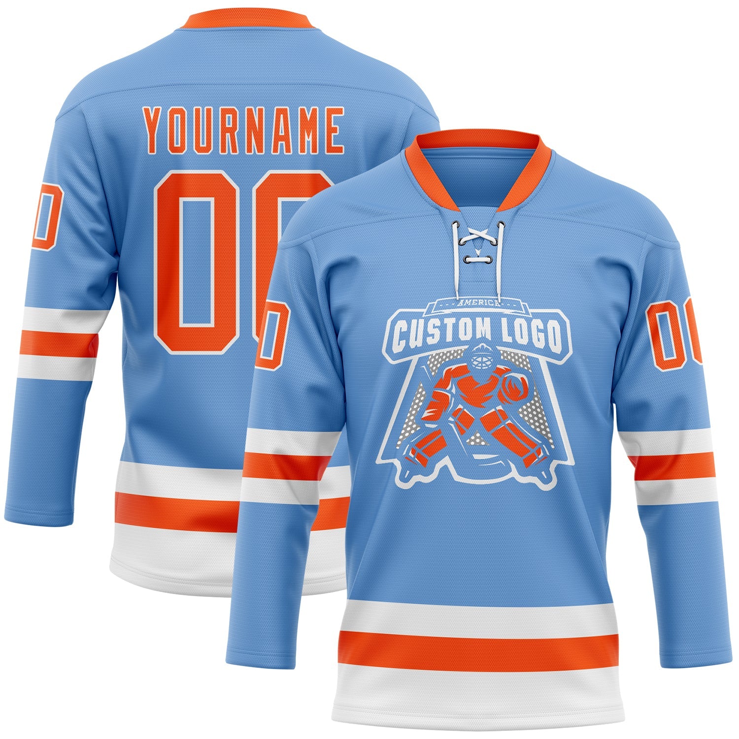 Custom Light Blue Orange-White Hockey Lace Neck Jersey view 2