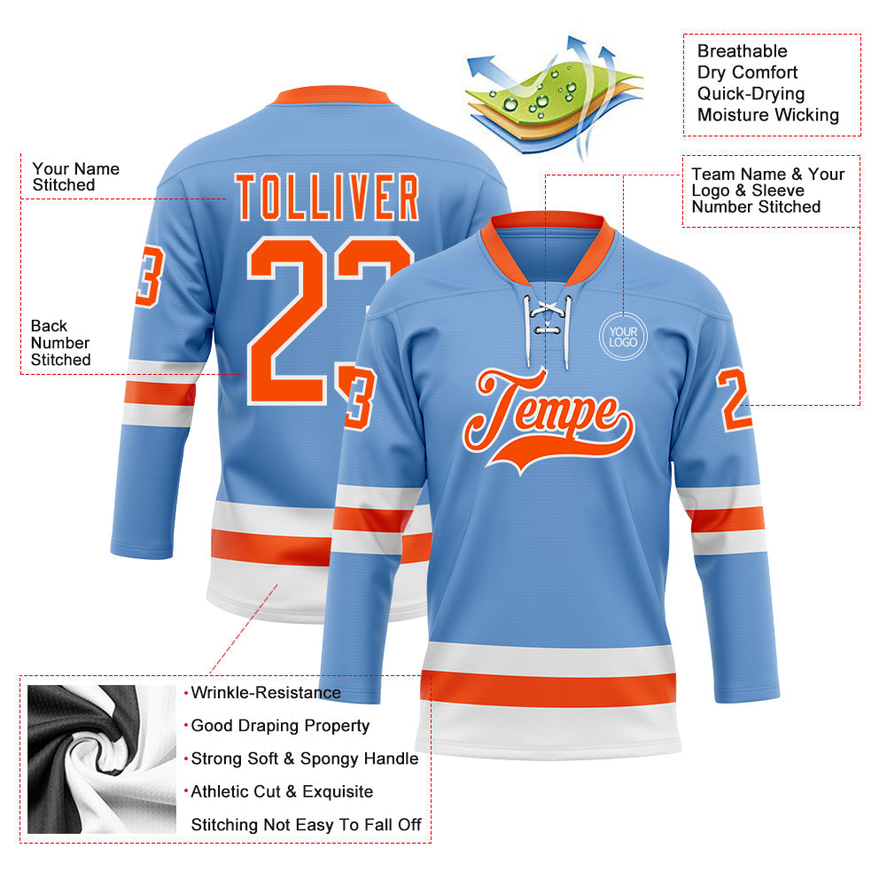 Custom Light Blue Orange-White Hockey Lace Neck Jersey view 3