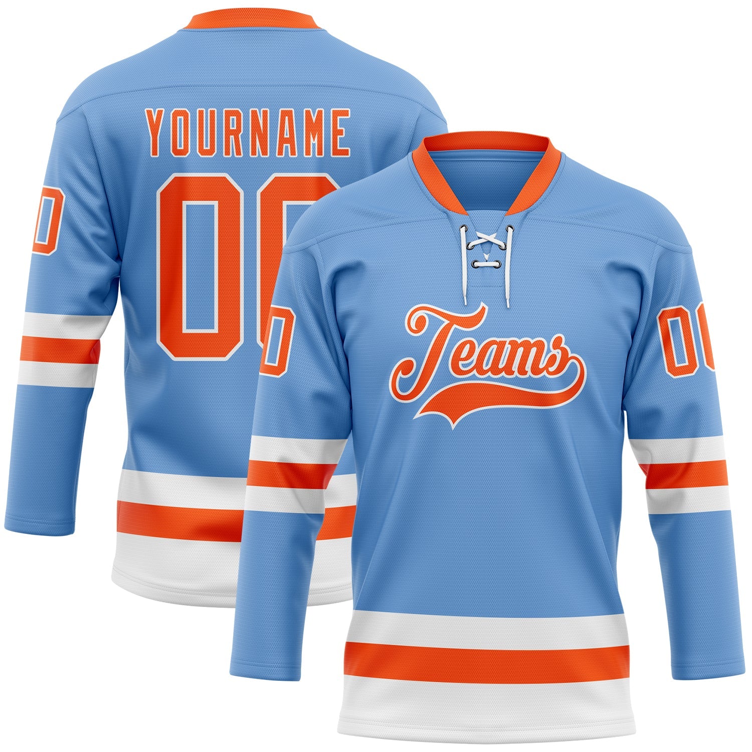 Custom Light Blue Orange-White Hockey Lace Neck Jersey - Main View