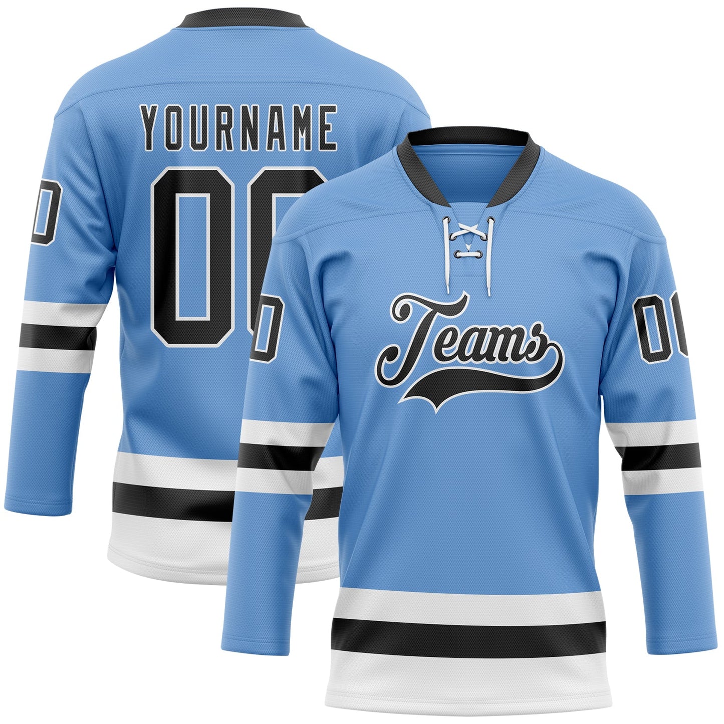 Custom Light Blue Black-White Hockey Lace Neck Jersey - Main View
