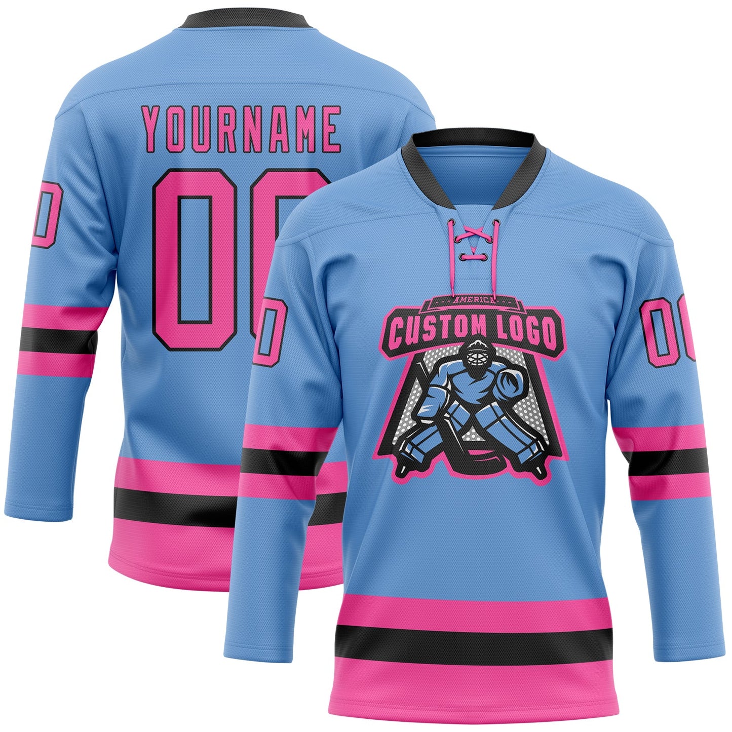 Custom Light Blue Pink-Black Hockey Lace Neck Jersey view 2