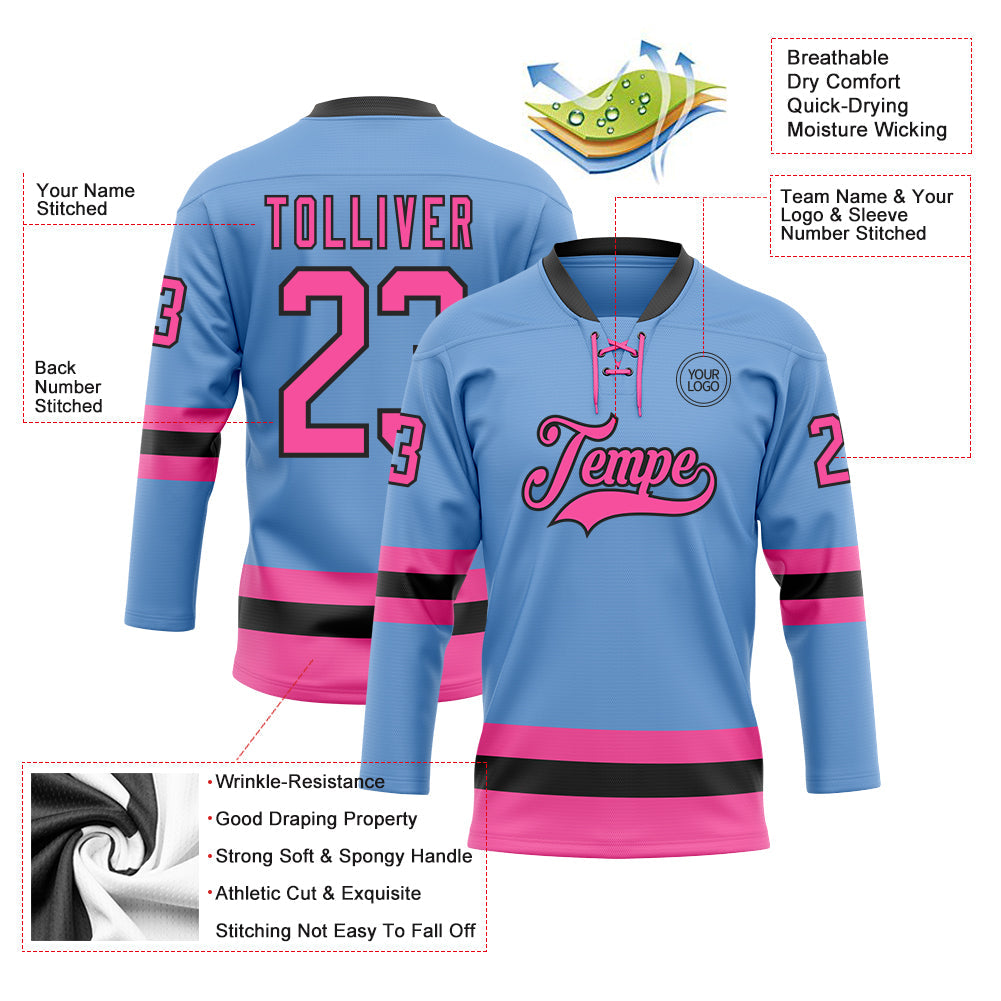 Custom Light Blue Pink-Black Hockey Lace Neck Jersey view 3