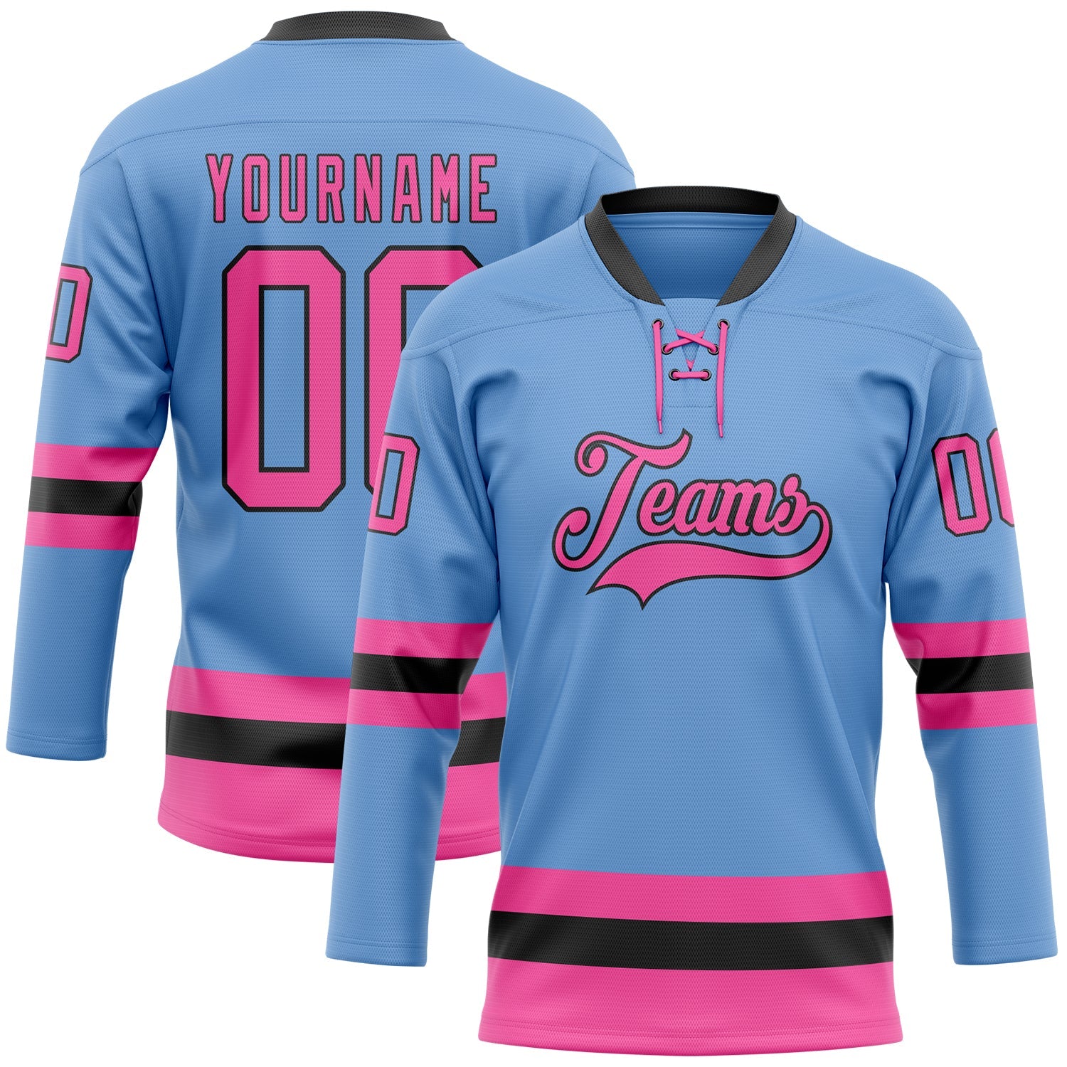 Custom Light Blue Pink-Black Hockey Lace Neck Jersey - Main View