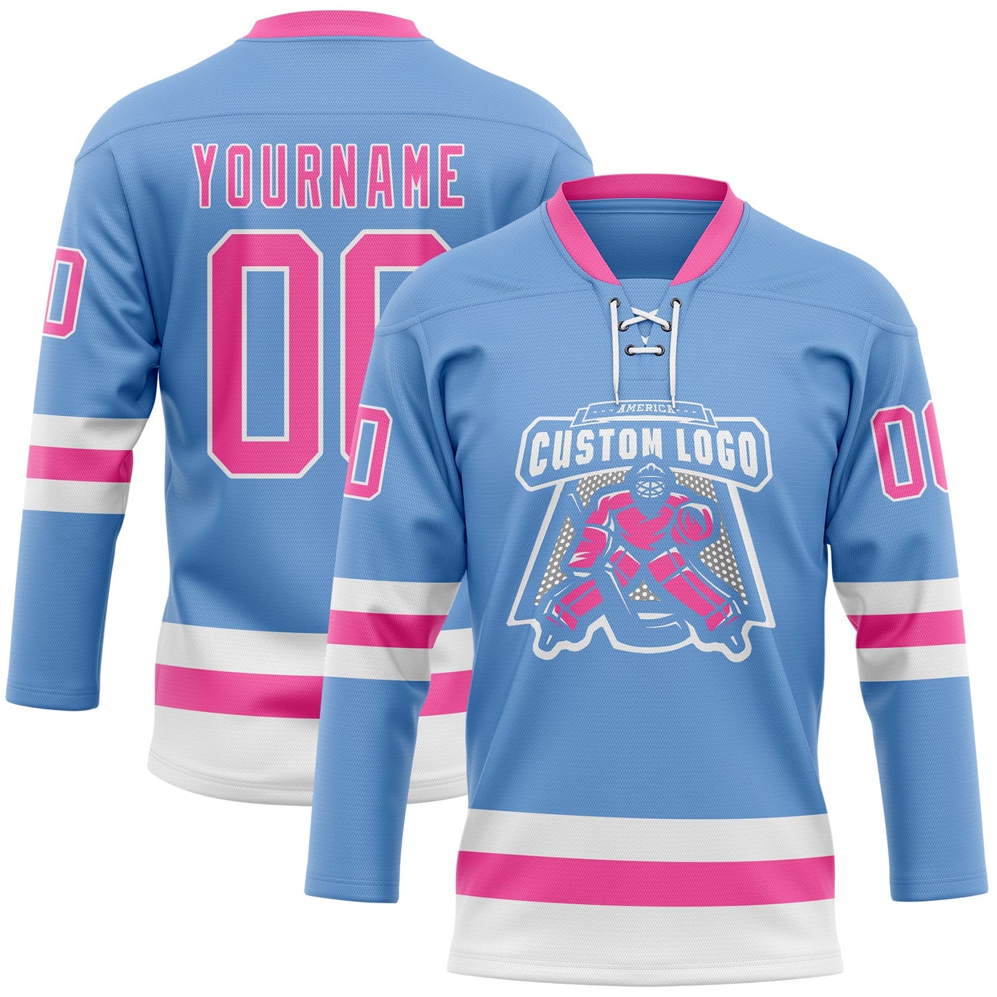 Custom Light Blue Pink-White Hockey Lace Neck Jersey view 2