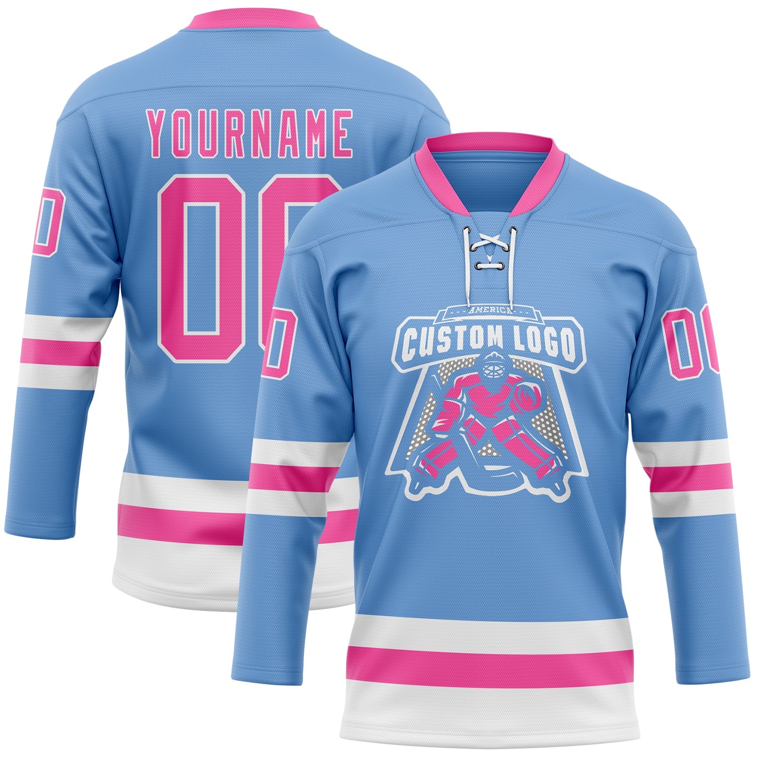 Custom Light Blue Pink-White Hockey Lace Neck Jersey view 2