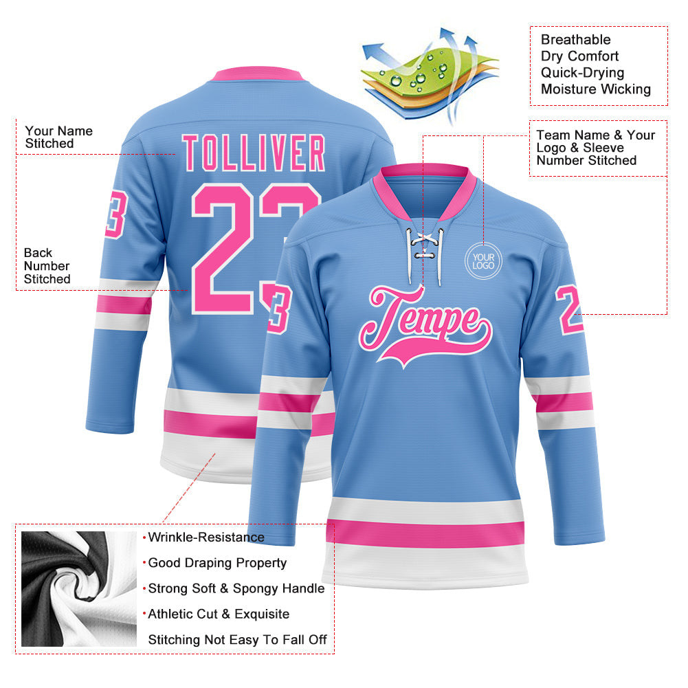 Custom Light Blue Pink-White Hockey Lace Neck Jersey view 3