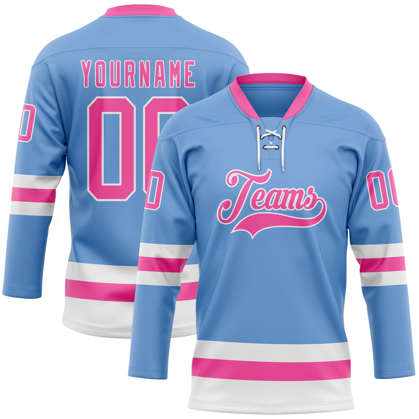 Custom Light Blue Pink-White Hockey Lace Neck Jersey - Main View