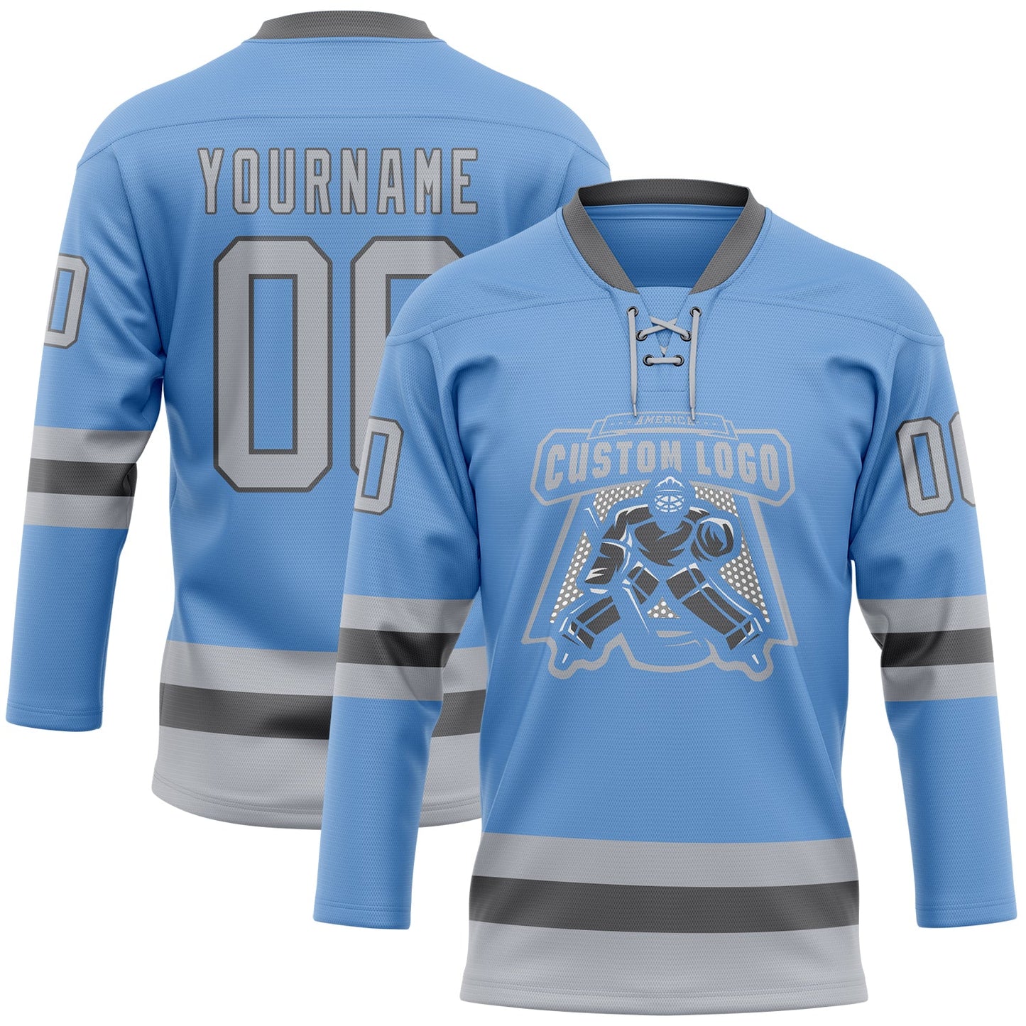 Custom Light Blue Gray-Steel Gray Hockey Lace Neck Jersey view 2