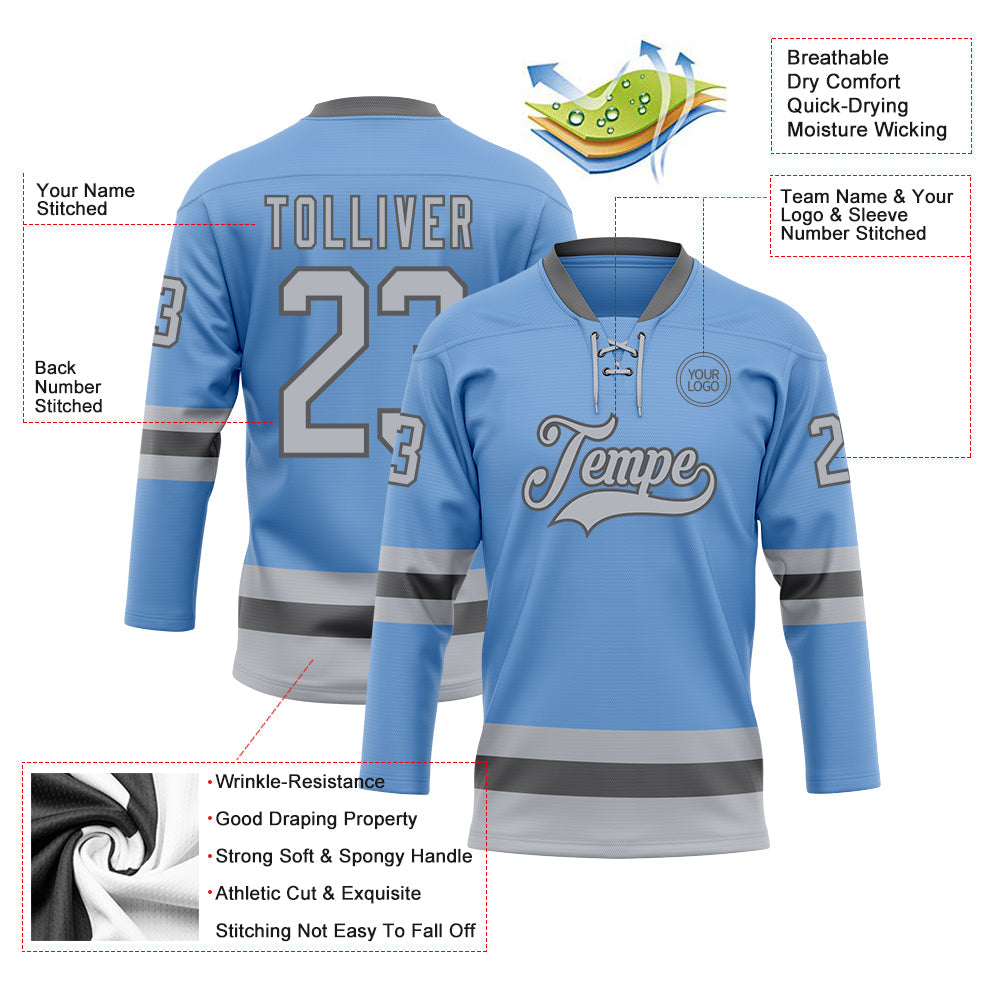Custom Light Blue Gray-Steel Gray Hockey Lace Neck Jersey view 3