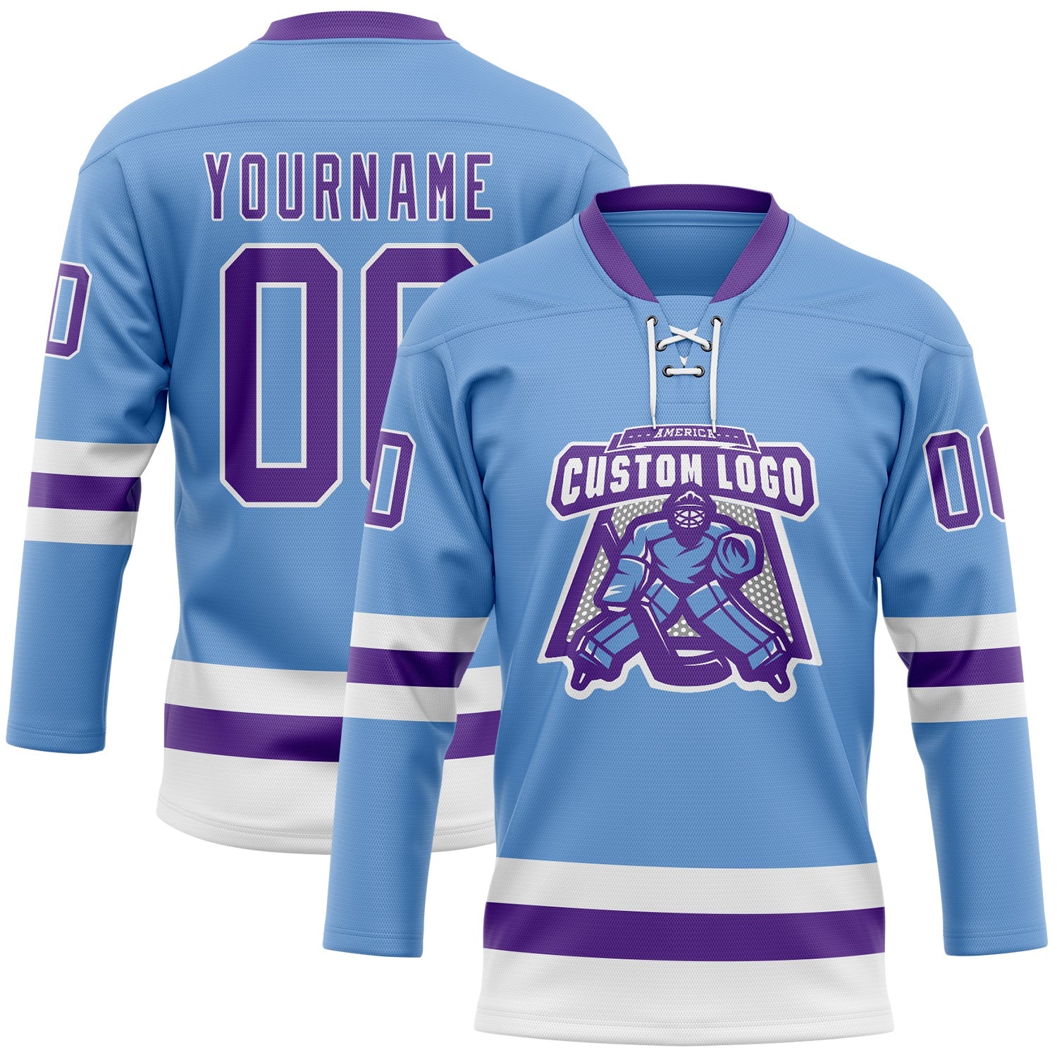Custom Light Blue Purple-White Hockey Lace Neck Jersey view 2