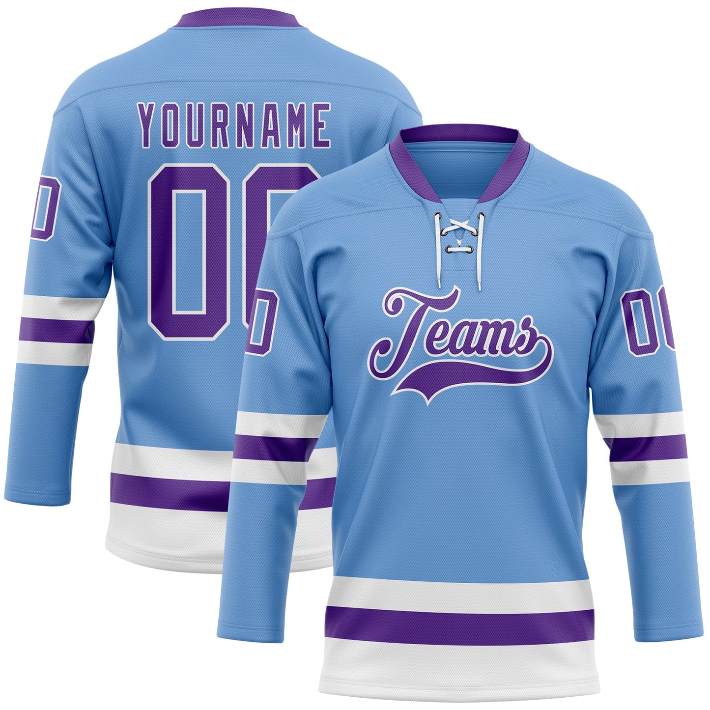 Custom Light Blue Purple-White Hockey Lace Neck Jersey - Main View