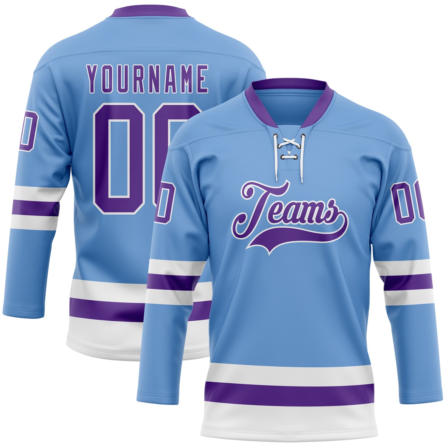 Custom Light Blue Purple-White Hockey Lace Neck Jersey - Main View