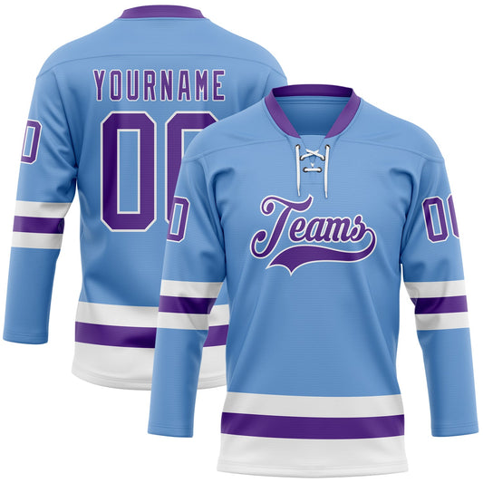 Custom Light Blue Purple-White Hockey Lace Neck Jersey - Main View