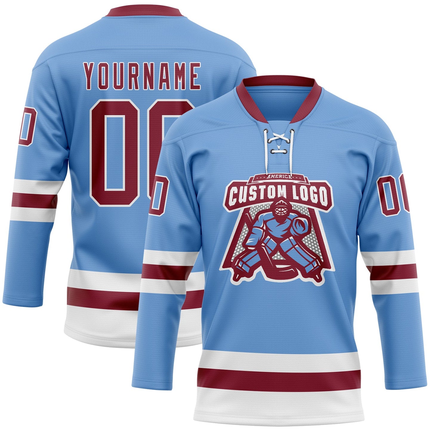Custom Light Blue Crimson-White Hockey Lace Neck Jersey view 2