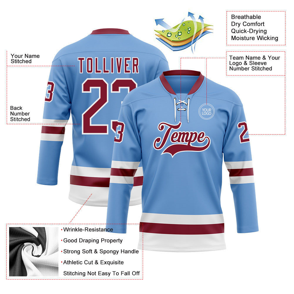 Custom Light Blue Crimson-White Hockey Lace Neck Jersey view 3