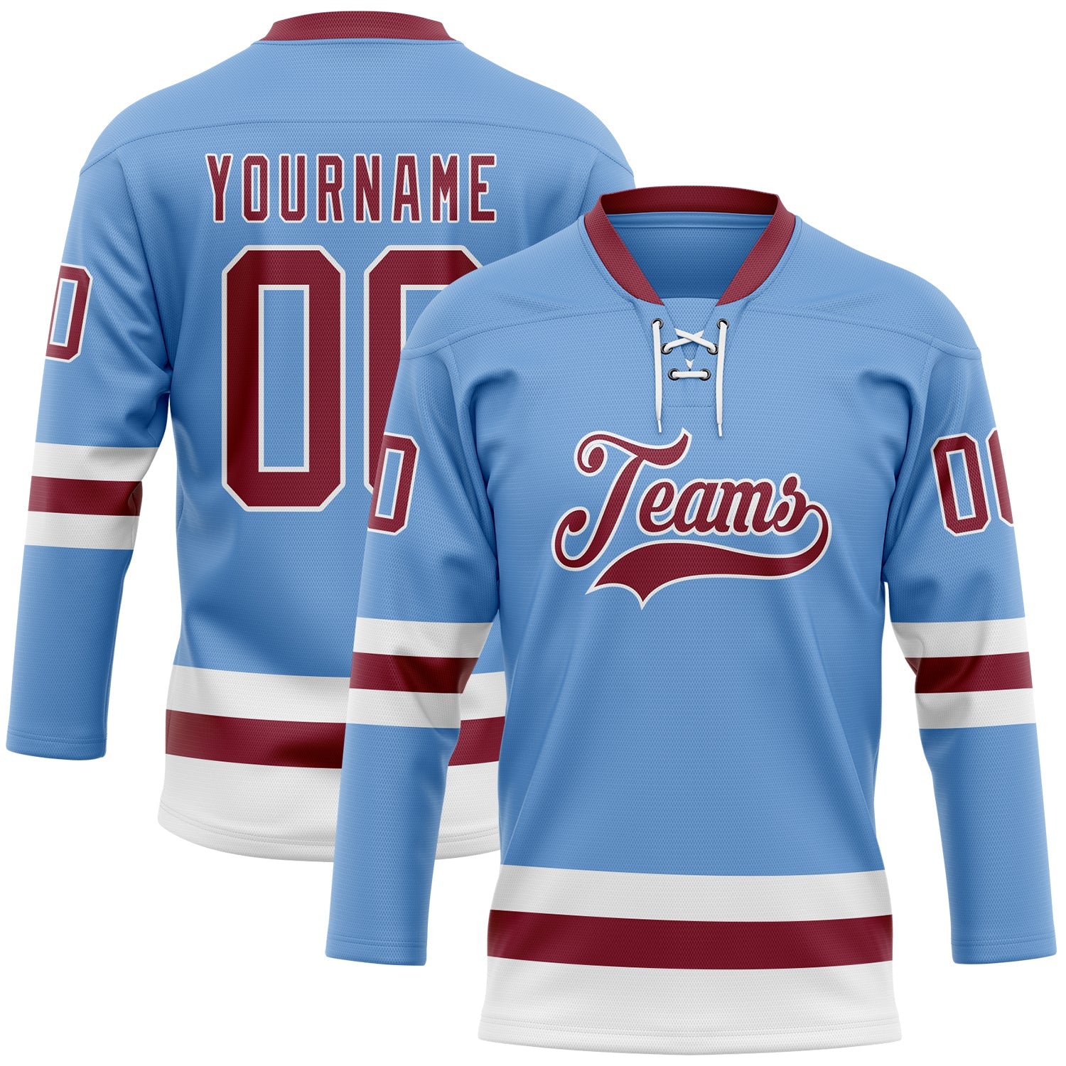 Custom Light Blue Crimson-White Hockey Lace Neck Jersey - Main View