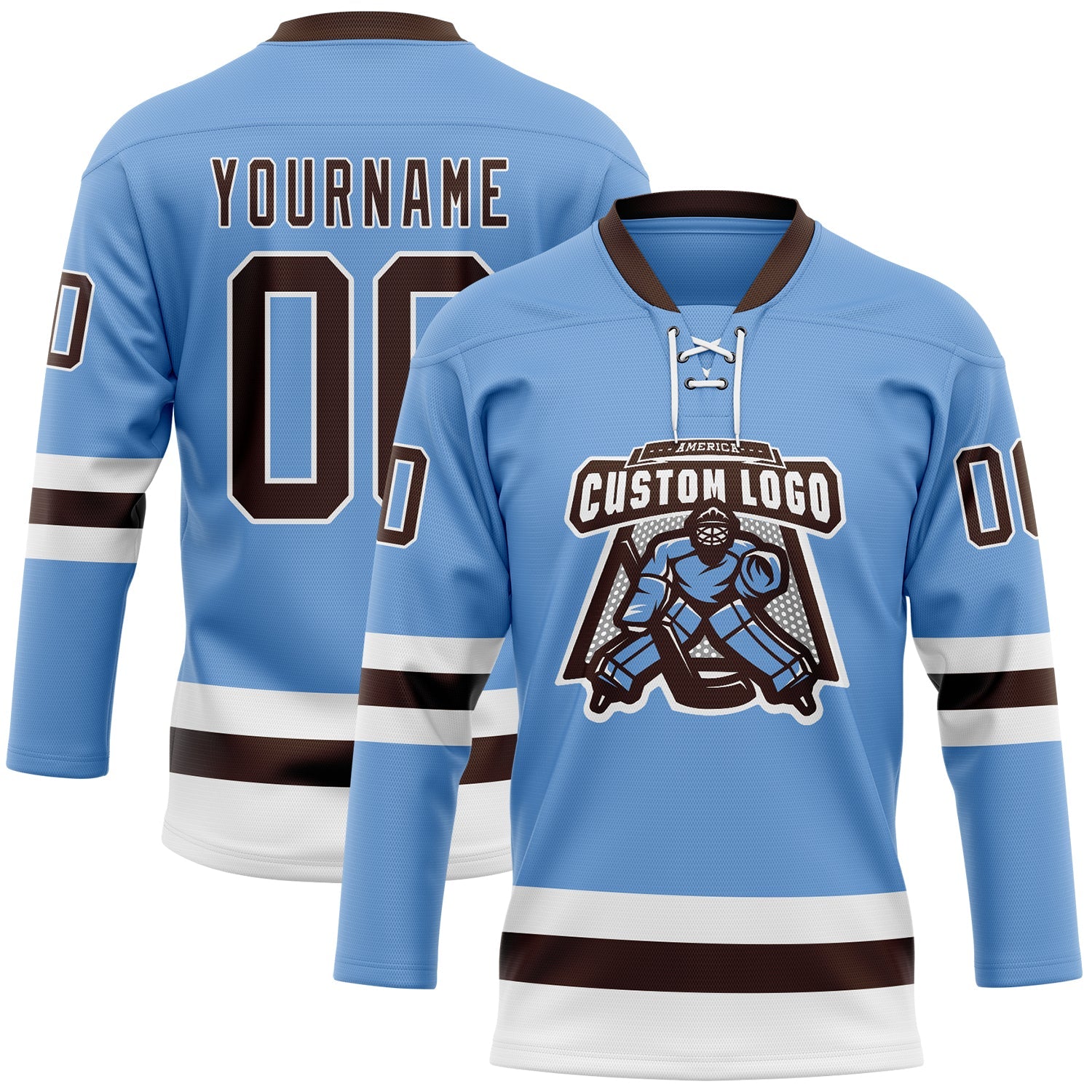 Custom Light Blue Brown-White Hockey Lace Neck Jersey view 2