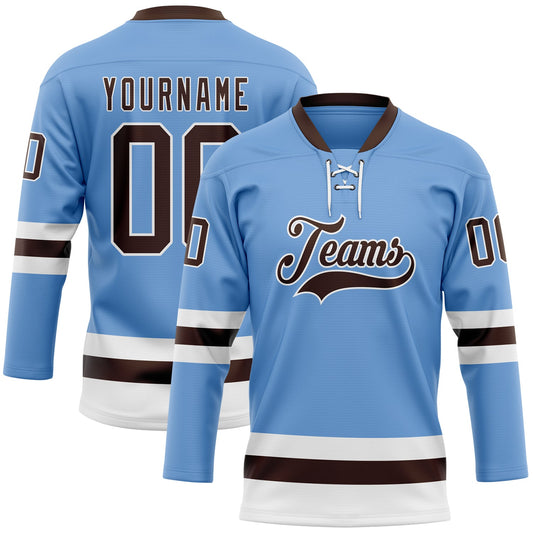 Custom Light Blue Brown-White Hockey Lace Neck Jersey - Main View