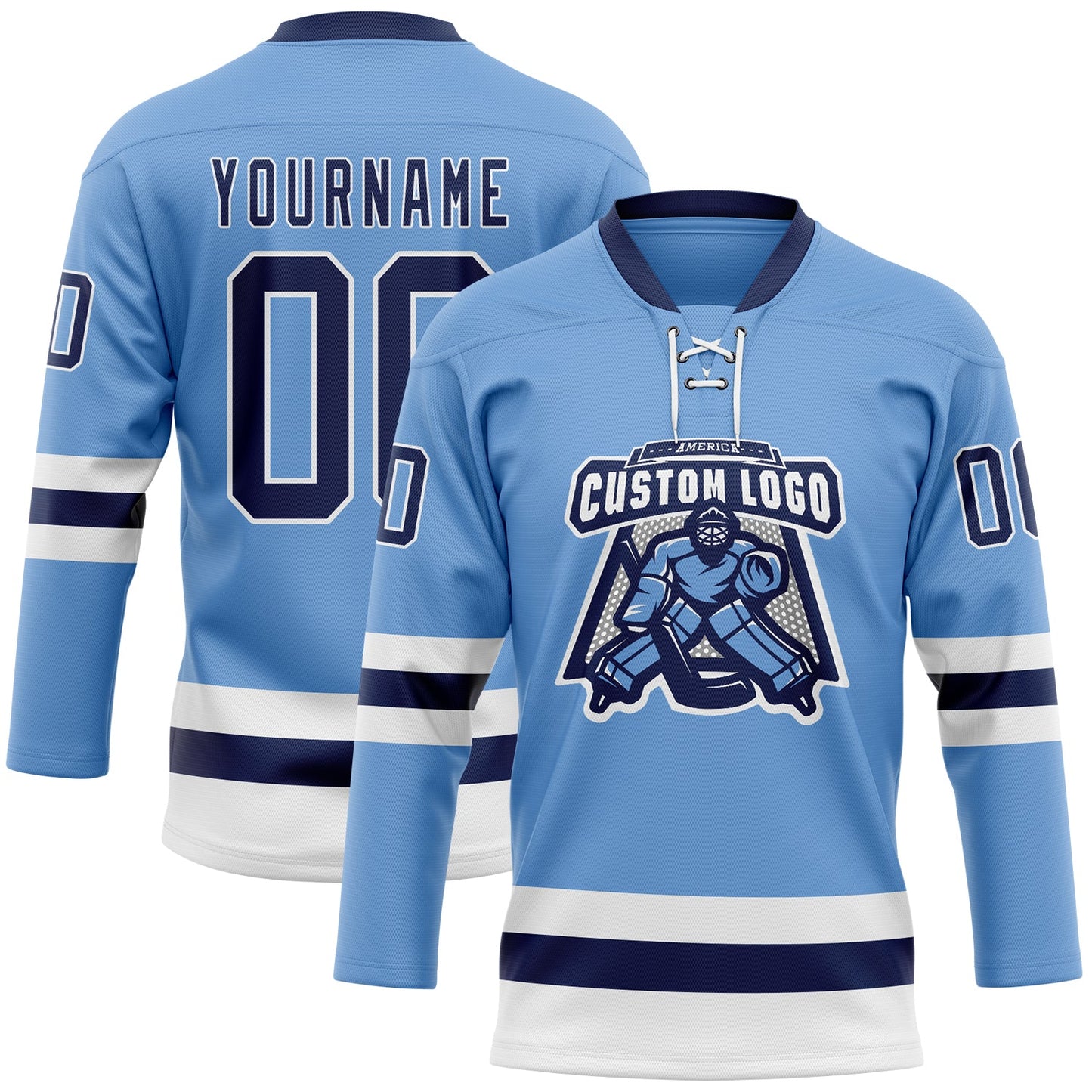 Custom Light Blue Navy-White Hockey Lace Neck Jersey view 2