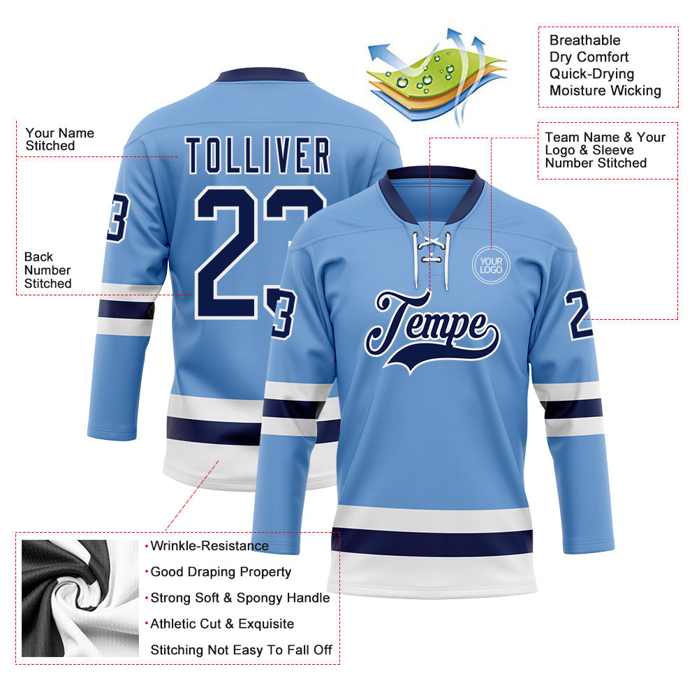 Custom Light Blue Navy-White Hockey Lace Neck Jersey view 3