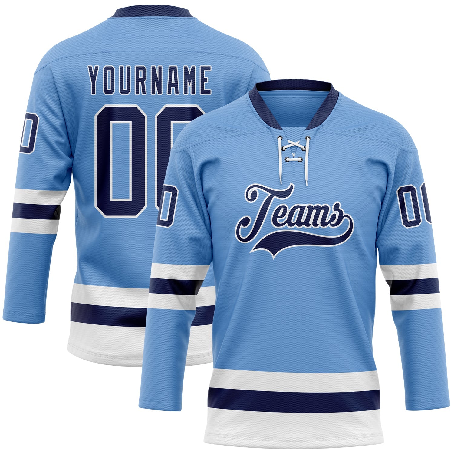 Custom Light Blue Navy-White Hockey Lace Neck Jersey - Main View
