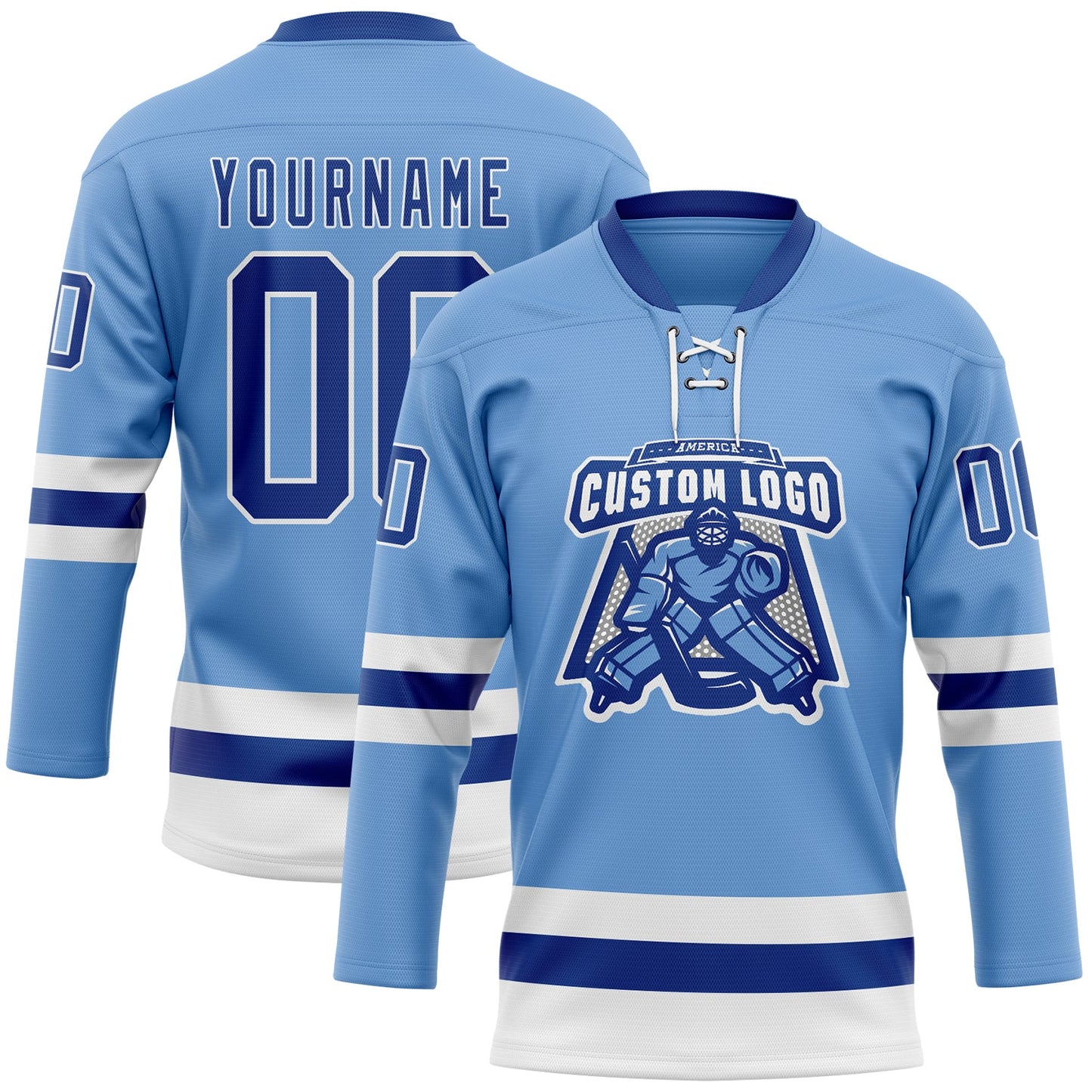 Custom Light Blue Royal-White Hockey Lace Neck Jersey view 2