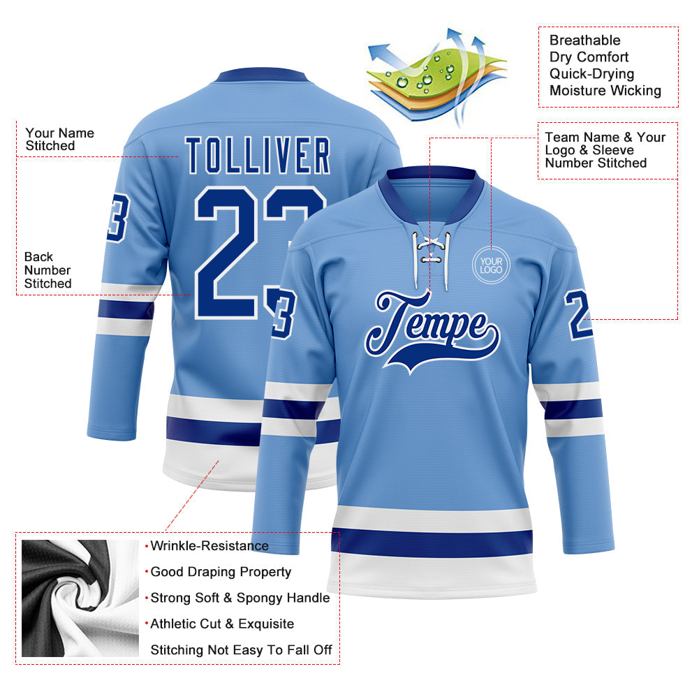 Custom Light Blue Royal-White Hockey Lace Neck Jersey view 3