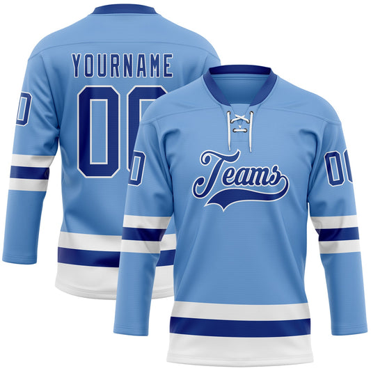 Custom Light Blue Royal-White Hockey Lace Neck Jersey - Main View
