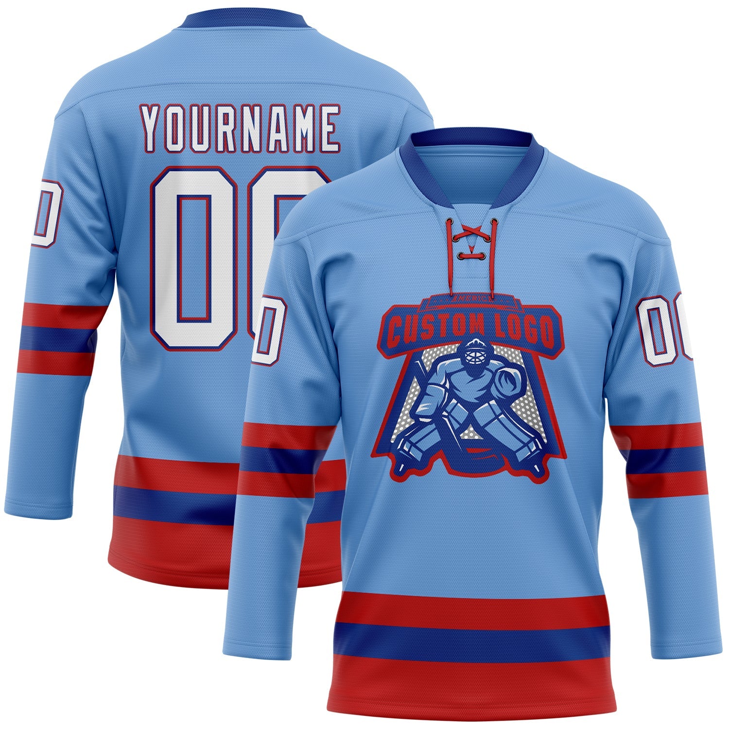 Custom Light Blue Royal-Red Hockey Lace Neck Jersey view 2
