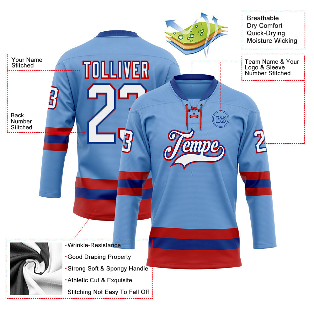 Custom Light Blue Royal-Red Hockey Lace Neck Jersey view 3