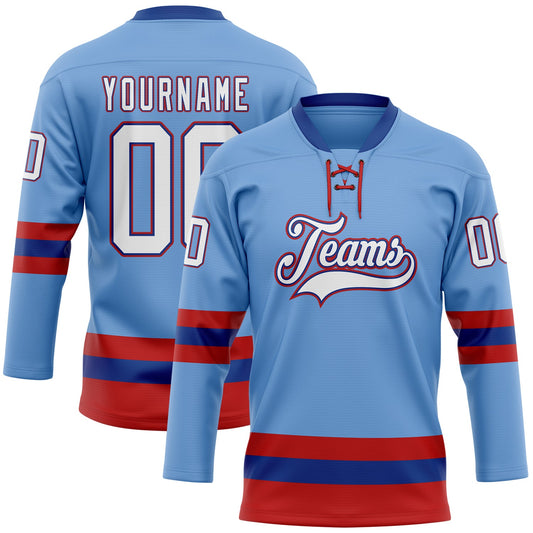 Custom Light Blue Royal-Red Hockey Lace Neck Jersey - Main View