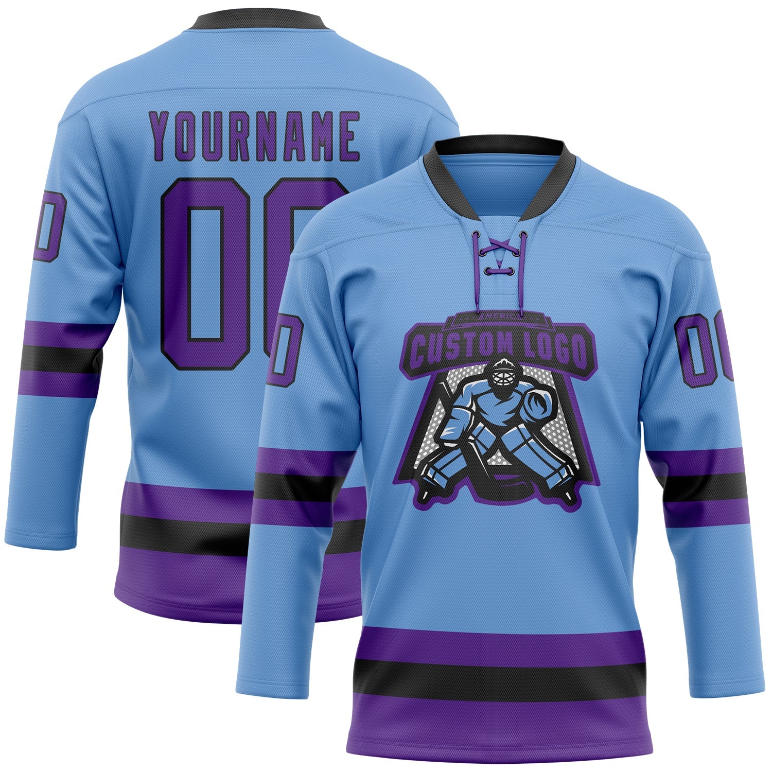 Custom Light Blue Purple-Black Hockey Lace Neck Jersey view 2