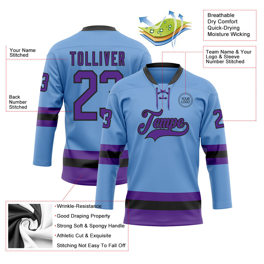 Custom Light Blue Purple-Black Hockey Lace Neck Jersey view 3