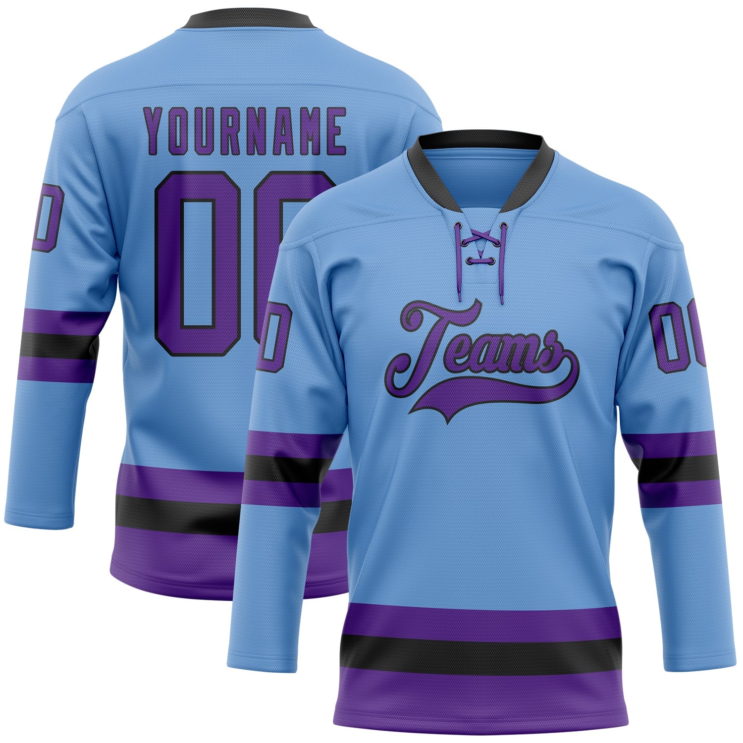 Custom Light Blue Purple-Black Hockey Lace Neck Jersey - Main View