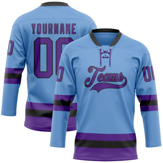 Custom Light Blue Purple-Black Hockey Lace Neck Jersey - Main View