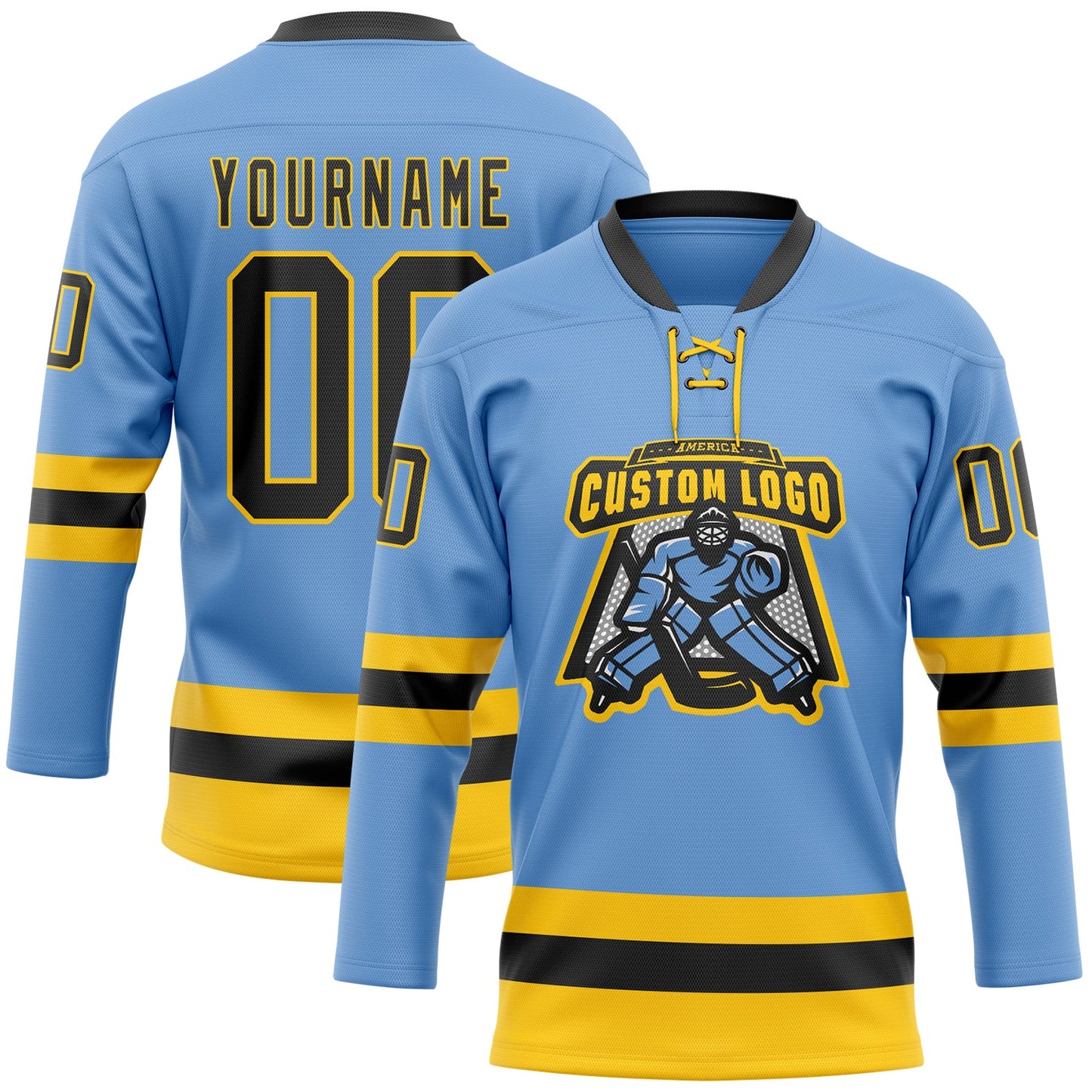 Custom Light Blue Black-Yellow Hockey Lace Neck Jersey view 2