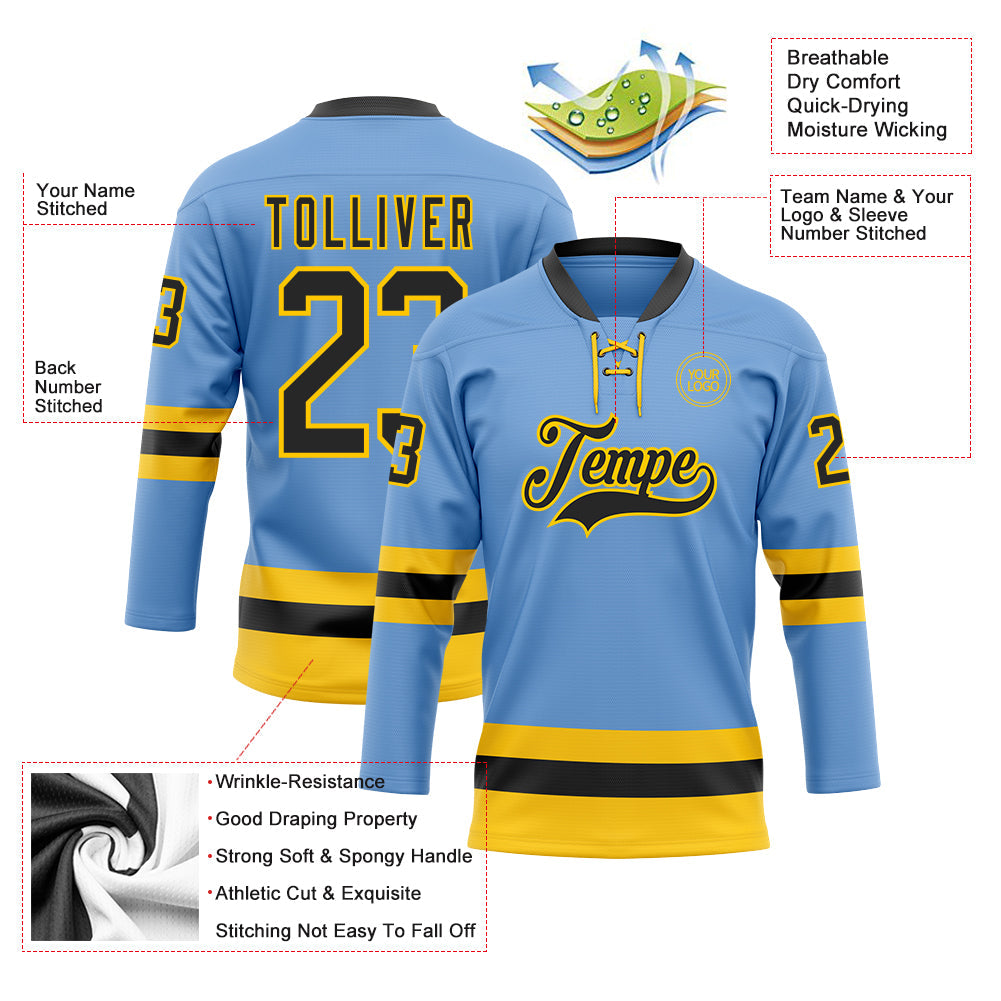 Custom Light Blue Black-Yellow Hockey Lace Neck Jersey view 3