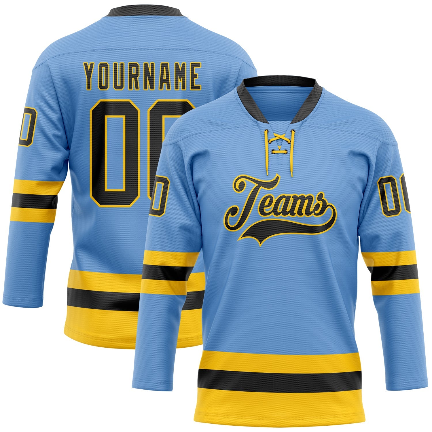 Custom Light Blue Black-Yellow Hockey Lace Neck Jersey - Main View