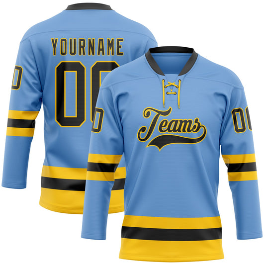 Custom Light Blue Black-Yellow Hockey Lace Neck Jersey - Main View