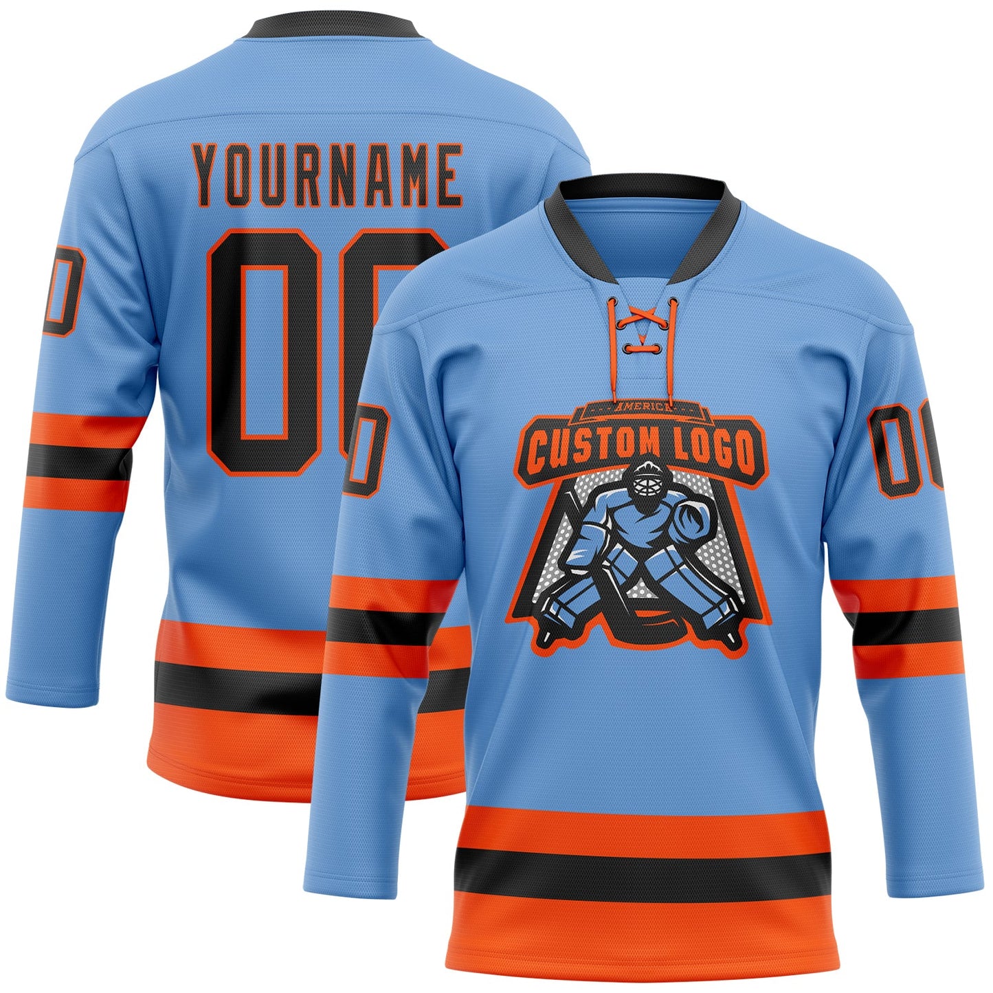 Custom Light Blue Black-Orange Hockey Lace Neck Jersey view 2