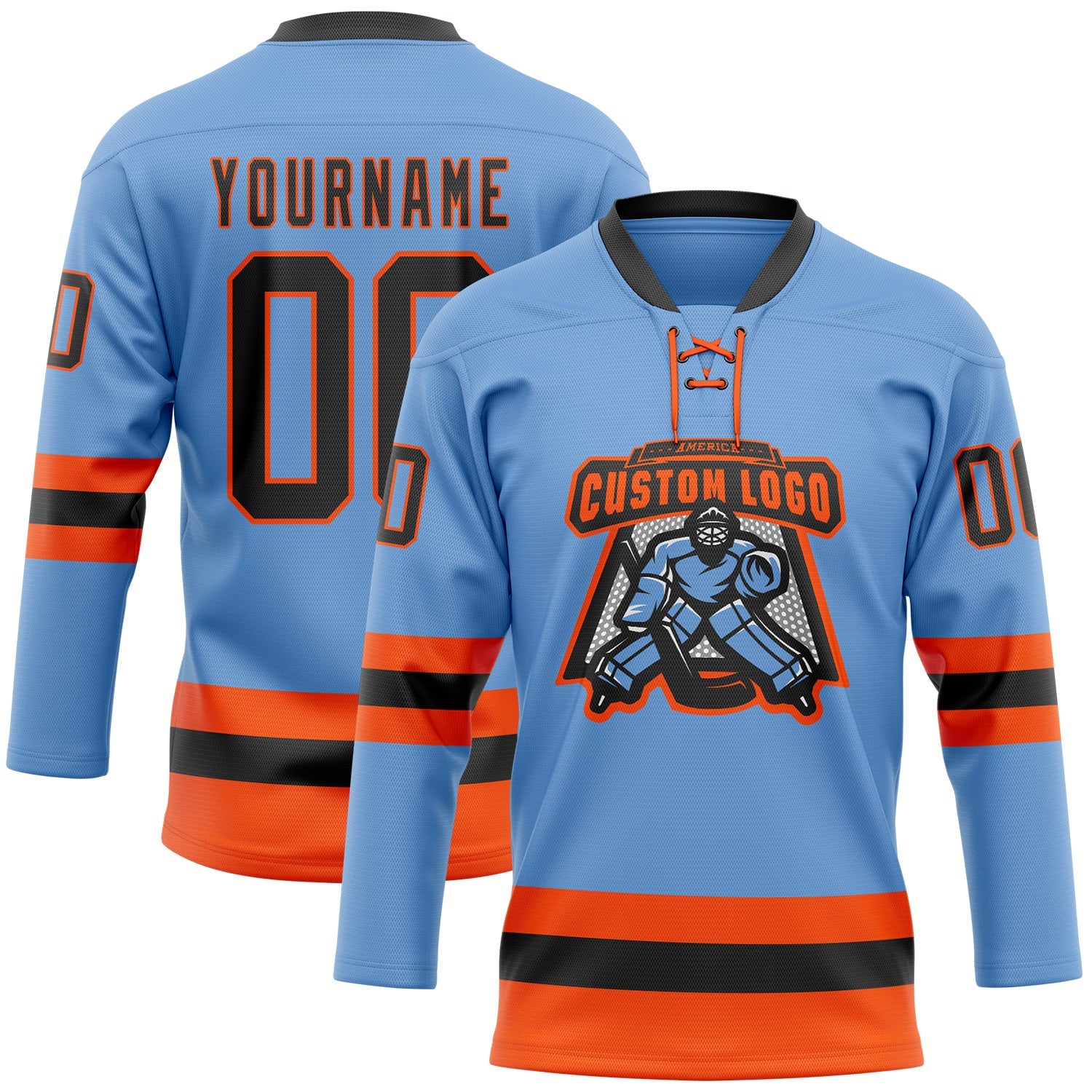 Custom Light Blue Black-Orange Hockey Lace Neck Jersey view 2