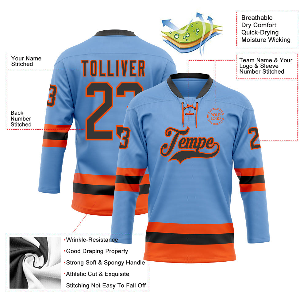 Custom Light Blue Black-Orange Hockey Lace Neck Jersey view 3