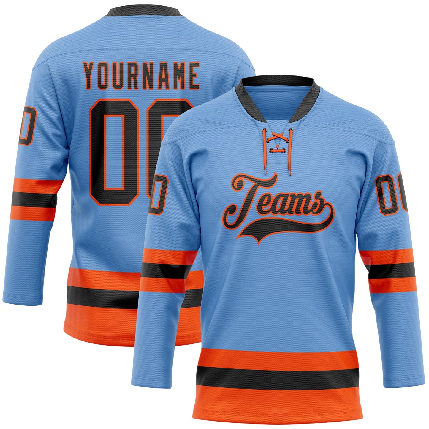 Custom Light Blue Black-Orange Hockey Lace Neck Jersey - Main View