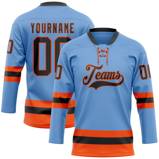 Custom Light Blue Black-Orange Hockey Lace Neck Jersey - Main View