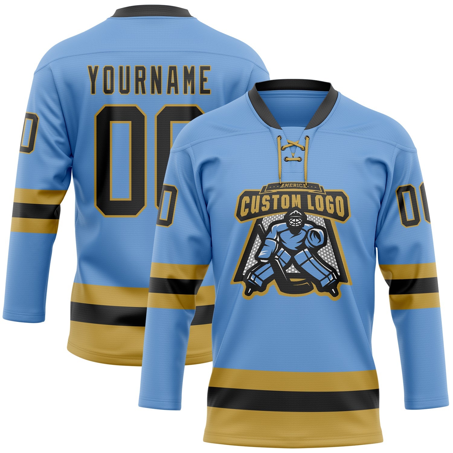 Custom Light Blue Black-Old Gold Hockey Lace Neck Jersey view 2