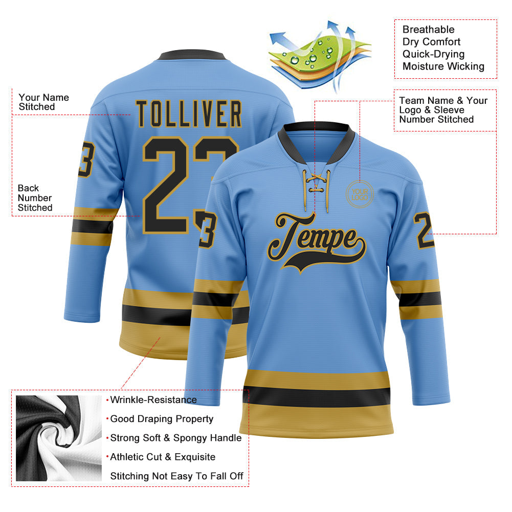 Custom Light Blue Black-Old Gold Hockey Lace Neck Jersey view 3