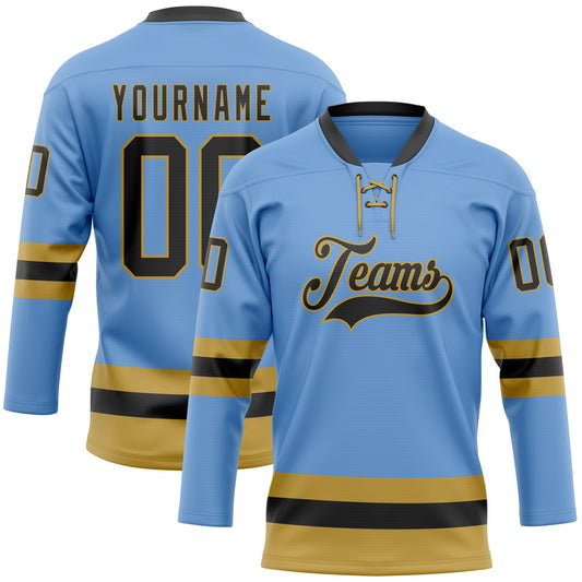 Custom Light Blue Black-Old Gold Hockey Lace Neck Jersey - Main View