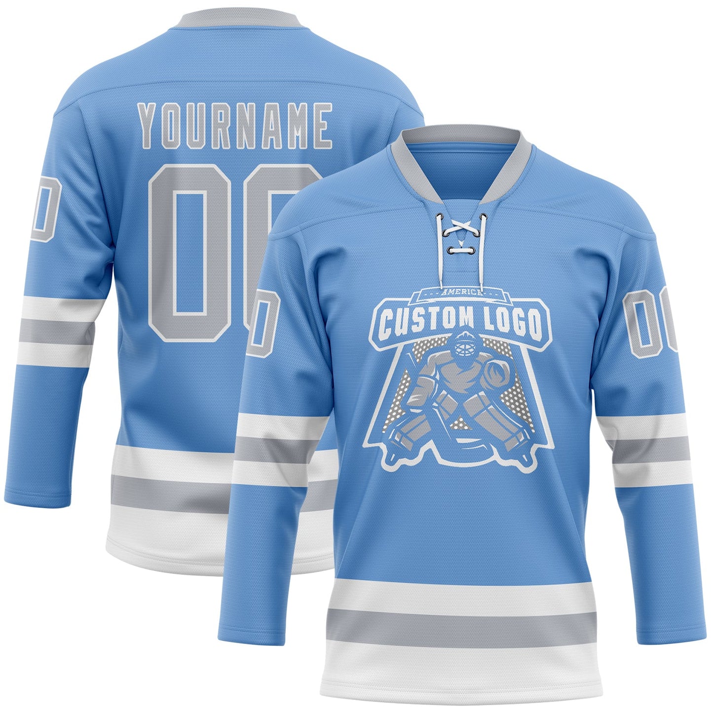 Custom Light Blue Gray-White Hockey Lace Neck Jersey view 2