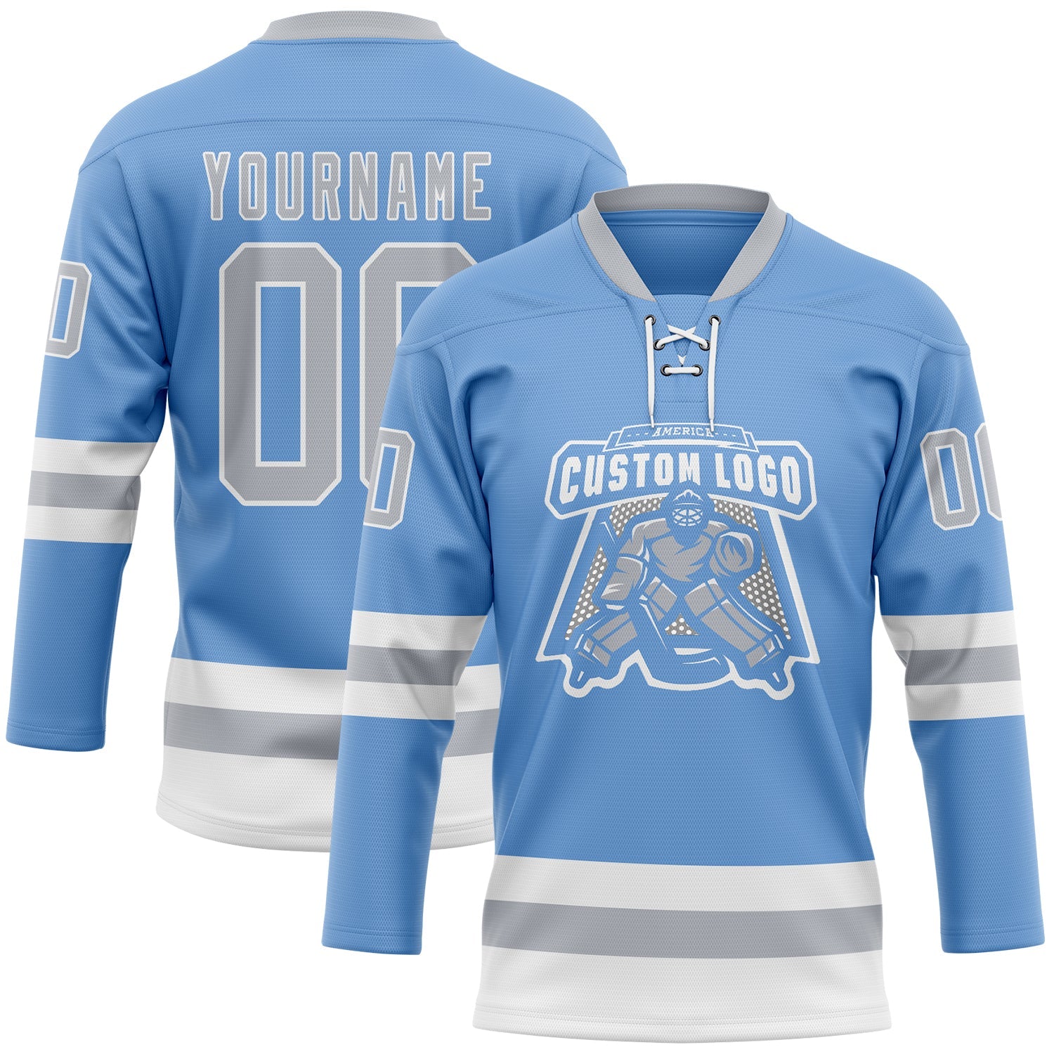 Custom Light Blue Gray-White Hockey Lace Neck Jersey view 2