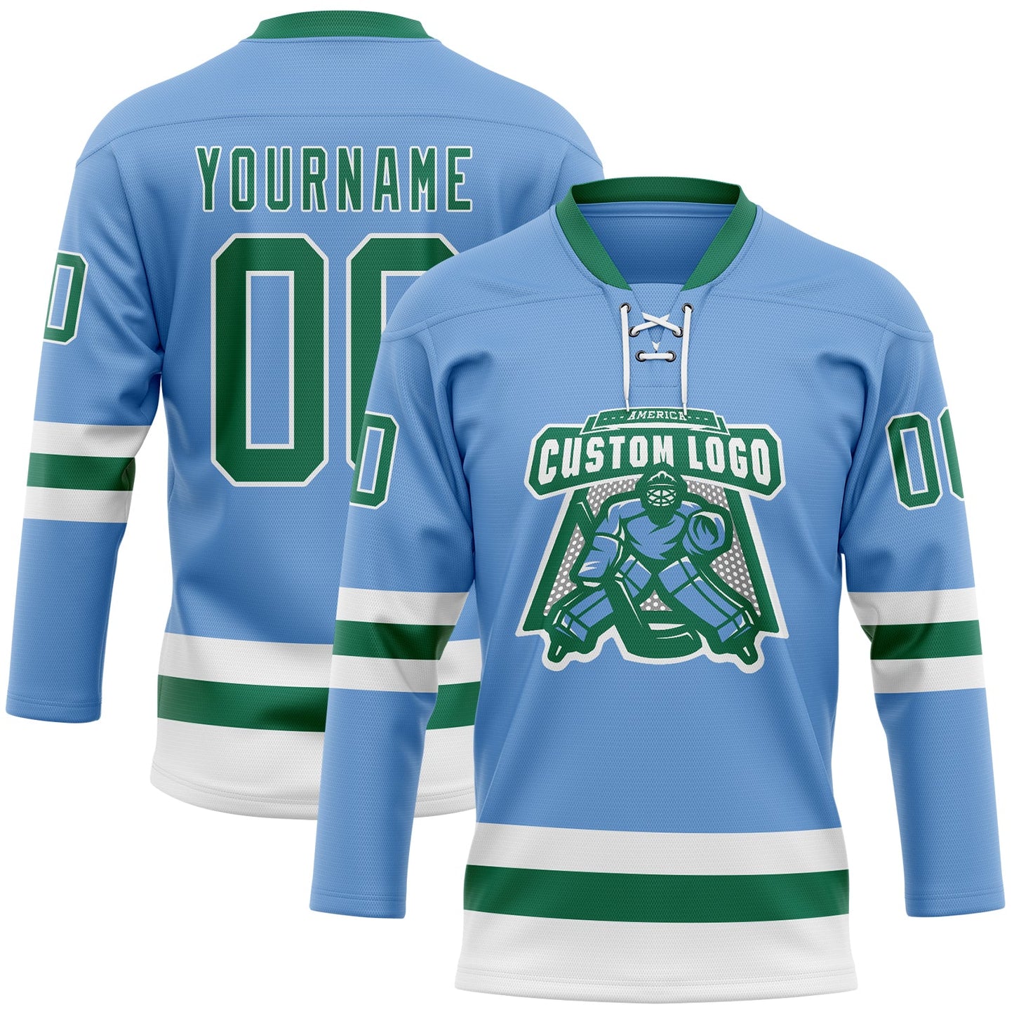 Custom Light Blue Kelly Green-White Hockey Lace Neck Jersey view 2